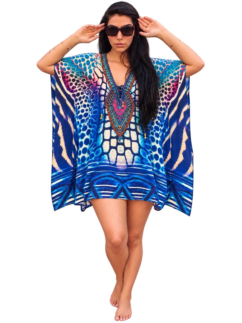 Asa Kaftans Shahs of Sunset Beaded Rhinestone Caftan Tunic Cover Up Small